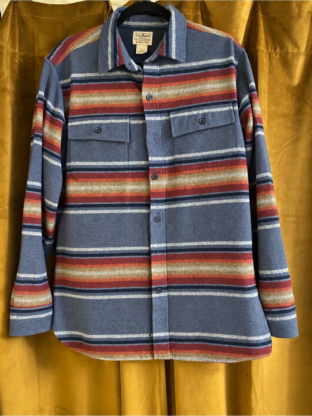 L.L. Bean blue striped shirt jacket with red and cream bands NWOT